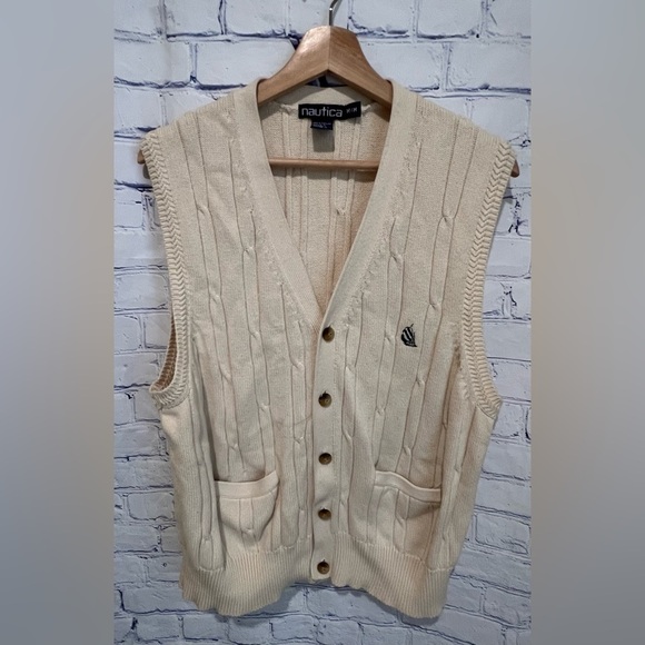 Vintage Nautica Men's Cotton Cable Knit Cardigan Sweater Vest Beige medium - Picture 1 of 6